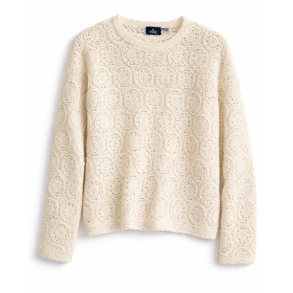 OBR Womens Cream Lambswool Angora Crochet Medallion Knit Sweater Size M Pullover